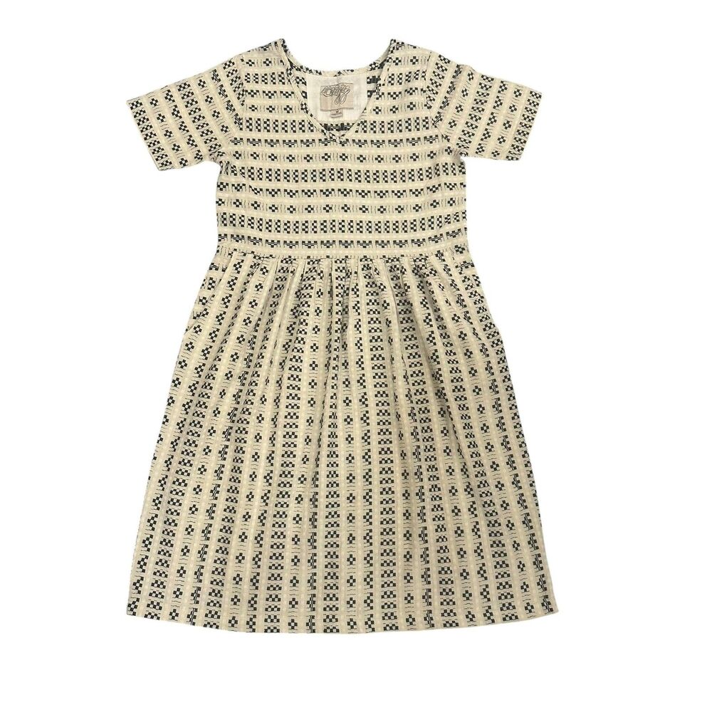 Ace & Jig Dress Womens Medium Black Ivory Woven Cotton V Neck Short Sleeve Midi